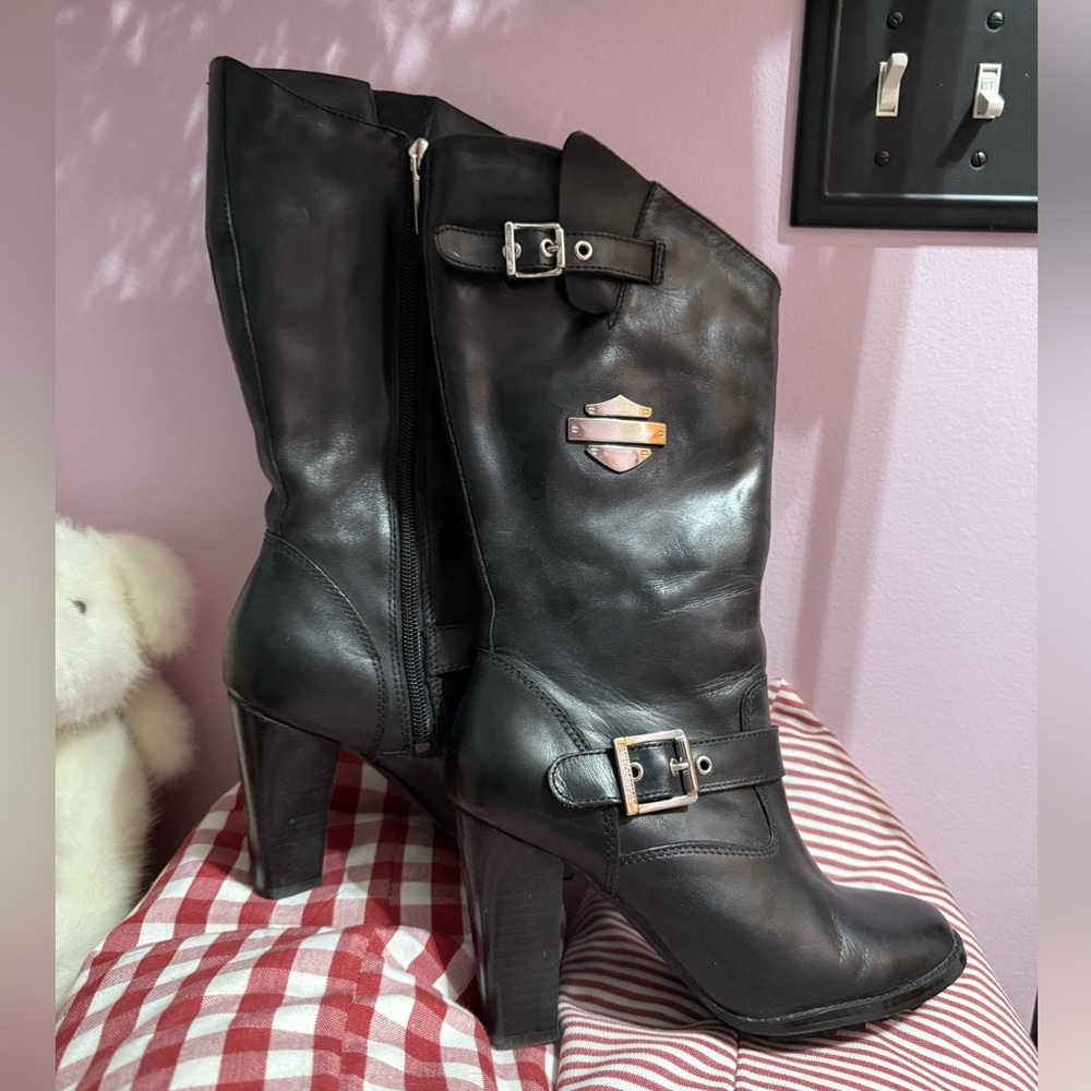Harley Davidson Genuine Black Leather 3-3/4” High Heel Boots with Buckle Details